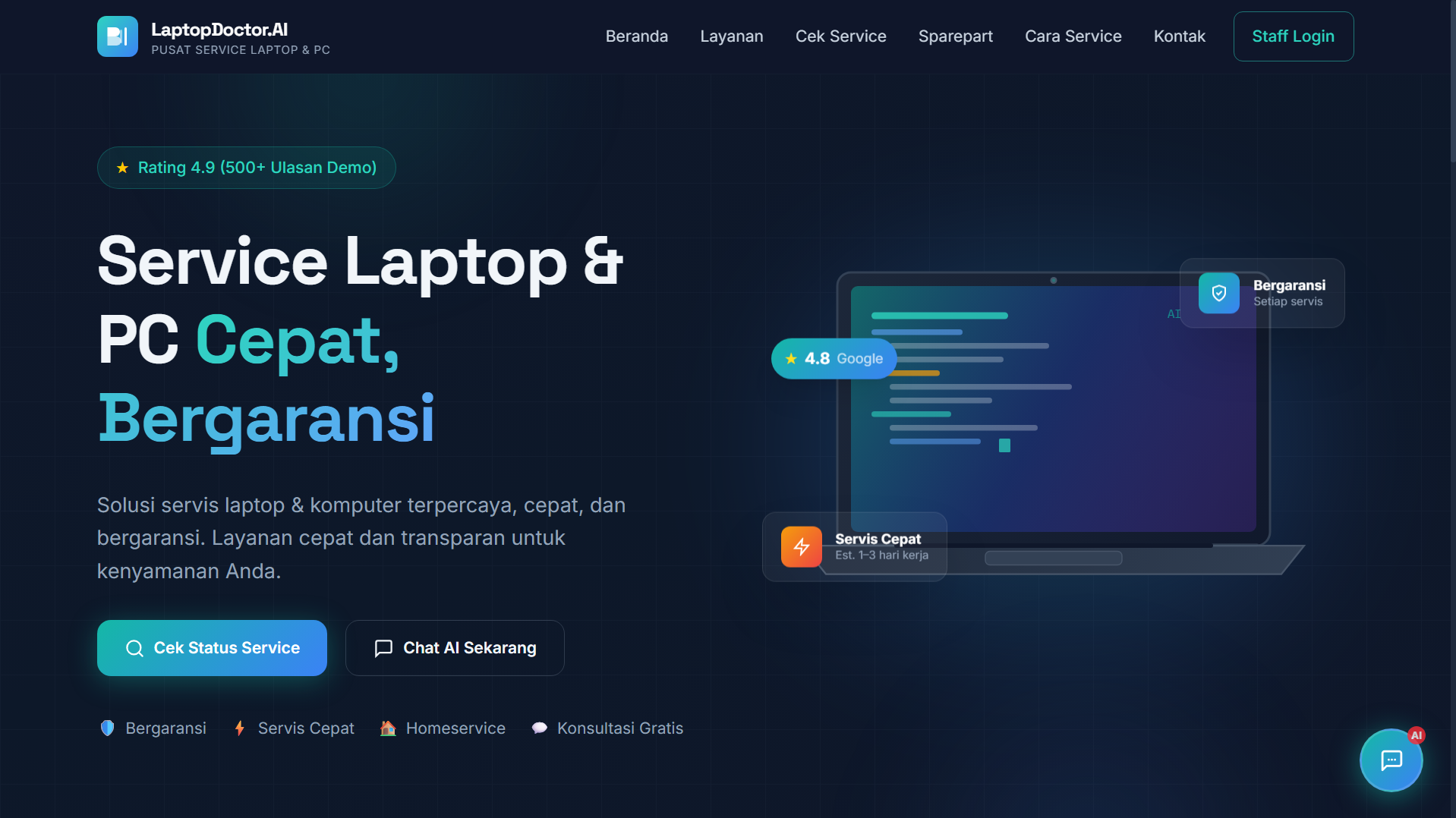 LaptopDoctor.AI - Sistem Manajemen Servis Laptop, Komputer & Sparepart Berbasis Web dengan Asisten AI untuk Diagnosa Awal Kerusakan